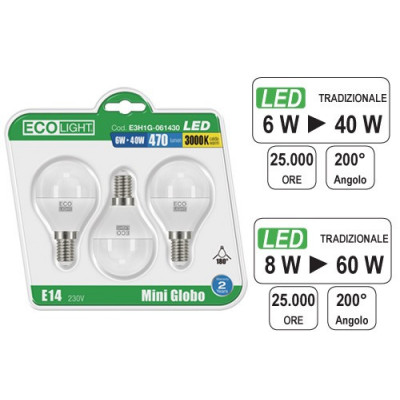 LAMPADINE ECOLIGHT LED E14M/GL8W C.CF3PZ